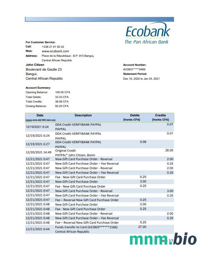 Central African Republic Banque Populaire Maroco Centrafricaine wzór wyciągu bankowego w formacie Word i PDF